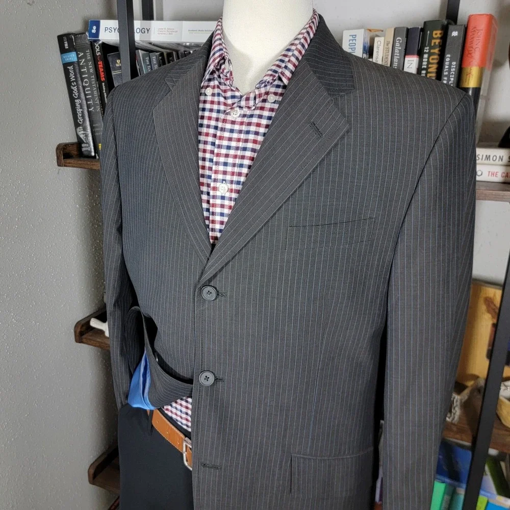 Banana Republic Men's 2PC Sport Coat Pants Gray Striped Cotton‎ Size 44R 36x29